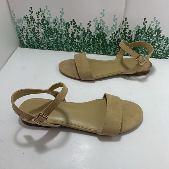 J. Crew Factory Ankle Strap Flat Tan Khaki Faux Suede Strappy Sandals Size 7 EUC - Picture 11 of 16